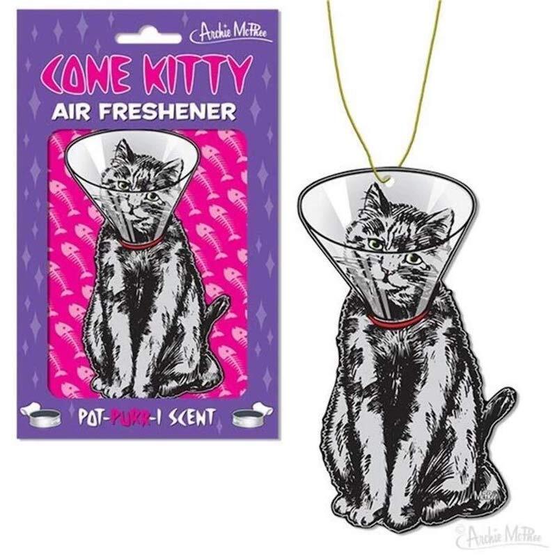 a car air freshener that is a picture of a cat with a cone around its head
